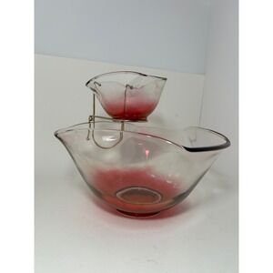 Vintage MCM Cranberry Red Ombre Glass Chip and Dip Bowl Set with Metal Bracket